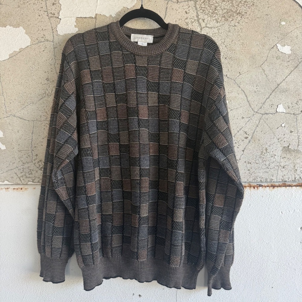 Vintage Grandpa Sweater Wool Blend 90s Checkerboard Knit Mens XL Lamberti Italy